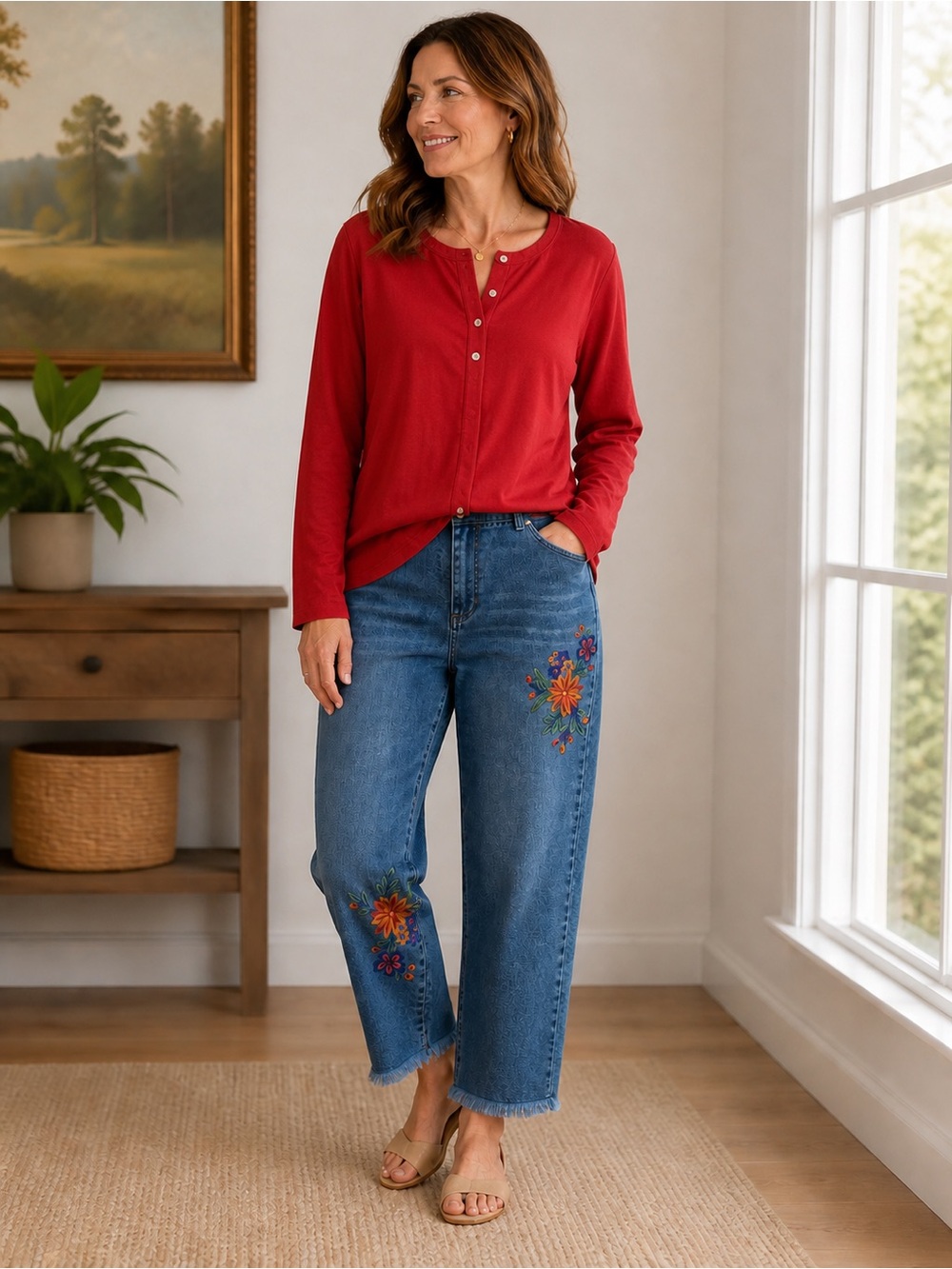 Alfred Dunner Blue Cropped Jeans with Colorful Floral Embroidery